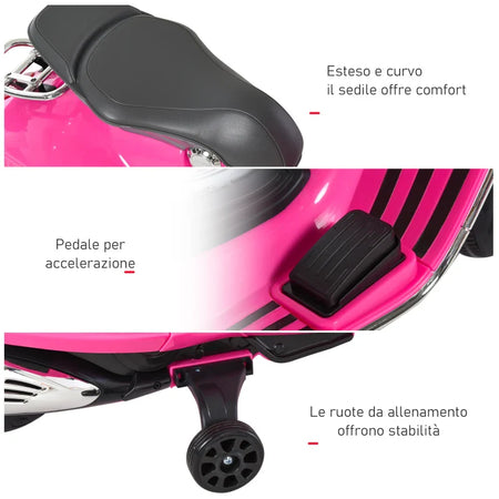 Moto Elettrica per Bambini con Licenza Ufficiale Vespa, 2 Rotelle, Luci e Suoni, 108x49x75 cm, Rosa JN9370-115PKJN9