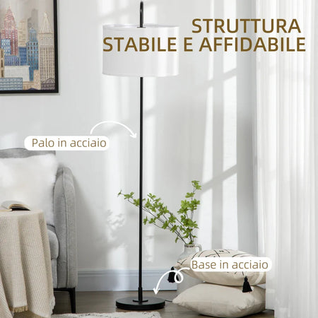 Lampada da Terra Moderna in Acciaio con Paralume in Tessuto Effetto Lino, 64x38x163.5 cm, Bianca e Nera TG5B31-329TG5