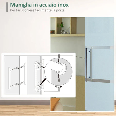 Porta Scorrevole Interna in Vetro Smerigliato e Satinato con Binario B2 e Maniglia per Bagno Cucina Studio Vetro 205x 102.5x 0,8cm QS2E7-0016QS2