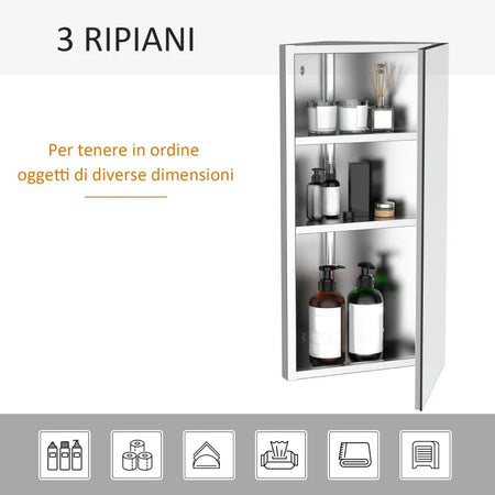 Armadietto Angolare Bagno in Acciaio Anta a Specchio Chiusura Magnetica 3 Ripiani Salvaspazio 60x30x18.4cm TG202-0551TG2