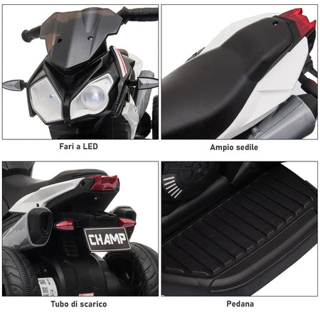 Moto Elettrica per Bambini 3-5 Anni Max. 25kg con Luci, Musica, Batteria 6V e Velocità 3km/h, 86cmx42cmx52cm Nera DF4370-103V90BKDF4