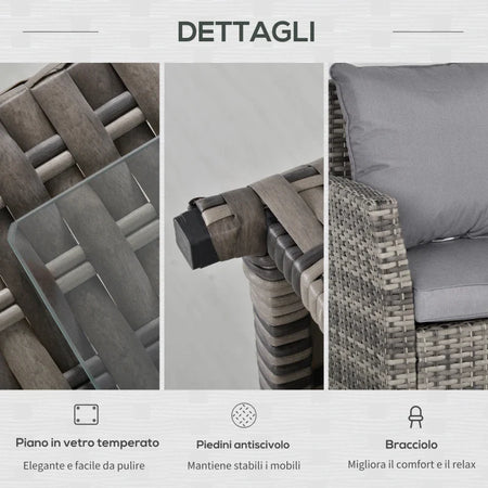 Salotto da Giardino Set 3 Pz con 2 Divani da Esterno e 1 Tavolo da Giardino in Rattan Sintetico Grigio 860-123