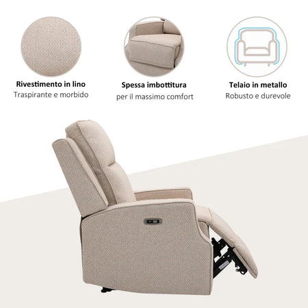 Poltrona Relax Elettrica, Poltrona Reclinabile 150° Moderna con USB per Soggiorno Camera da Letto, Beige, 84x92x104cm GH1833-987V90GH1
