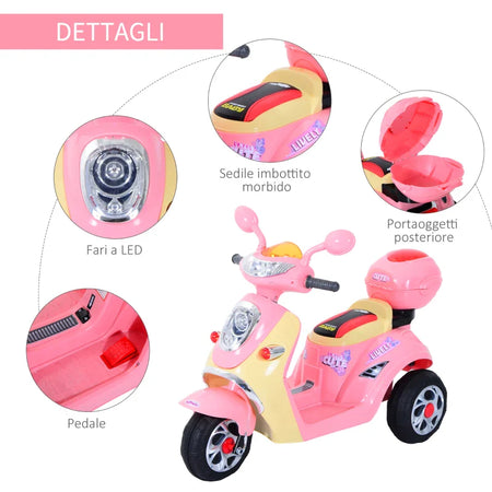 Motorino Elettrico per Bambini 3 Anni+ Max. 25kg con Luci, Musica, Batteria 6V e Velocità 3km/h, 108x51x75 cm, Rosa QA4370-013QA4