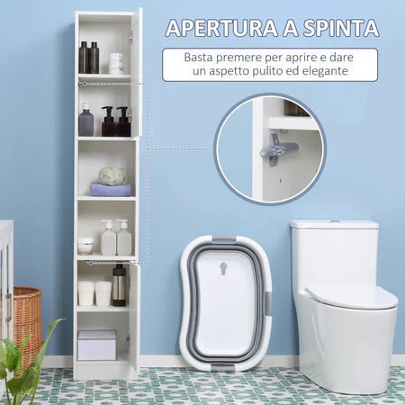 Colonna Bagno Salvaspazio in Legno con Specchio e Apertura a Pressione, 30x28x170cm, Bianco KL7834-461V01KL7