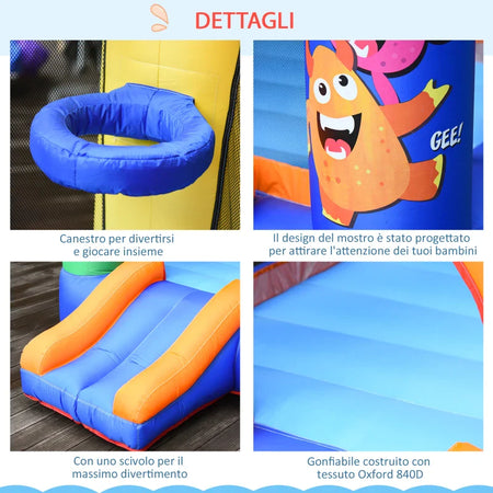 Casa Gioco Castello Gonfiabile Gigante per Bambini 3-8 anni Trampolino Rimbalzante Colorato con Scivolo e Canestro 250cmx180cmx175cm PW2342-021V90PW2