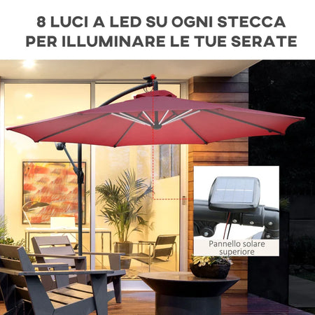 Ombrellone da Giardino a Braccio Ø3x2.4 m con Manovella e 8 Strisce LED a Energia Solare, Rosso scuro 84D-066WR