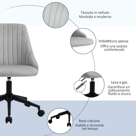 Sedia da Ufficio in Velluto Grigio con Altezza Regolabile, Sedia Ergonomica Girevole a 360° e Ruote, 50x58x77-87cm JH1921-488GYHJ1