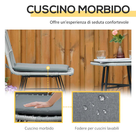 Set Mobili da Giardino 3 Pezzi con Tavolino e Sedie in Rattan PE, Poilestere e Acciaio per Esterni, Grigio 863-087GY