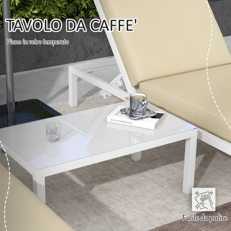 Set 2 Lettini Prendisole con Schienale Regolabile e Tavolino da Giardino in Vetro, Beige 84G-337V00BG