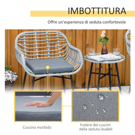 Set Mobili da Giardino in Rattan PE con 2 Sedie e Tavolino con Ripiano in Vetro, Grigio 863-085