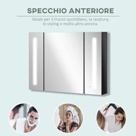Armadietto con Specchio da Bagno a Parete in MDF con 3 Armadietti, 3 Ripiani e Luce LED, 90x15x65 cm, Nero WD6834-416BKWD6