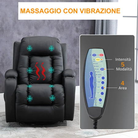 Poltrona Relax Reclinabile fino 150° in Finta Pelle con 8 Punti Massaggio e Riscaldamento, Nero WS7700-050V92BKWS7