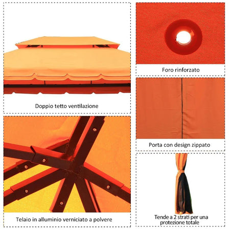 Gazebo da Giardino 4x3m con Doppio Tetto e Tende Laterali, Arancione 01-0870