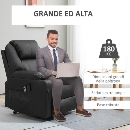 Poltrona Alzapersona Reclinabile max 135° con 8 Punti Massaggianti e Poggiapiedi, 88x92x106 cm, Nero BN2713-096BKBN2