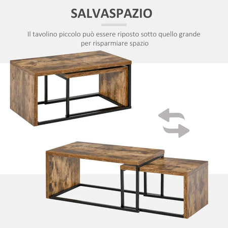 Set 2 x Tavolino Salvaspazio in Stile Industriale Legno MDF e Metallo Marrone e Nero CF9839-082CF9 , soggiorno salotto basso bianco grgio design moderno sala moderno alto divano camera vetro rotondo