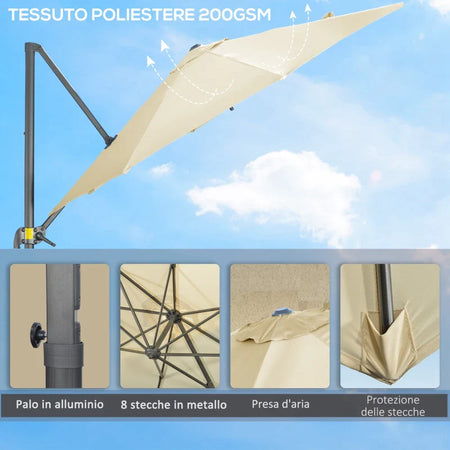 Ombrellone da Giardino Decentrato 3x2.5 m con Angolazione Regolabile e Girevole a 360°, Crema 84D-052V00CW