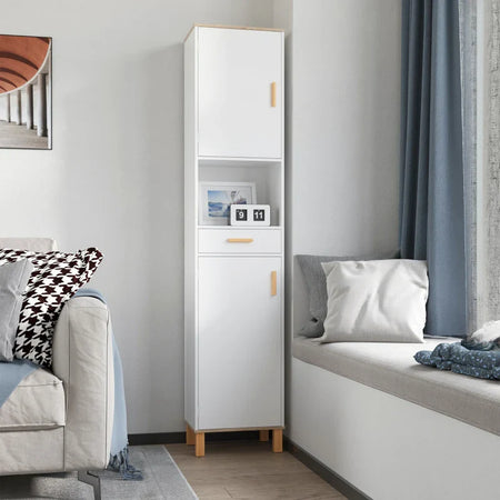 Mobile Salvaspazio Bagno in Legno Bianco, Mobile a Colonna con Armadietti e Cassetto 39x30x180cm QA2834-312QA2