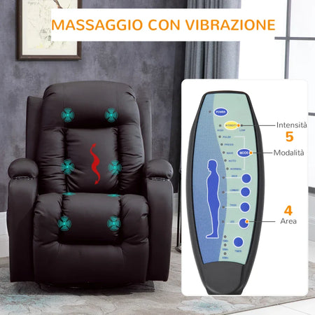 Poltrona Relax Massaggiante e Riscaldata con Telecomando, 85x94x104cm, Finta Pelle Marrone TR2700-050V92DRTR2