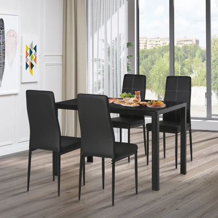 Set 5 Pezzi con 1 Tavolo e 4 Sedie per Cucina o Sala da Pranzo in Finta Pelle, Metallo e Vetro Temperato, Nero TR2835-255BKTR2
