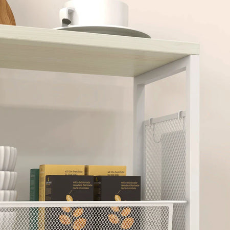 Carrello da Cucina a 3 Livelli con Cestino Laterale e Gancio, in Truciolato e Acciaio, 58x18.5x87 cm TR4801-343V00WTTR4