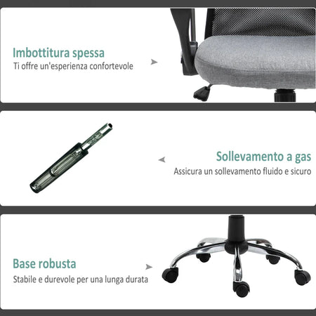 Poltrona da Ufficio in Tessuto Grigio, Sedia Girevole ed Ergonomica per Scrivania, 60 x 66 x 91-101cm RF9921-379GYRF9