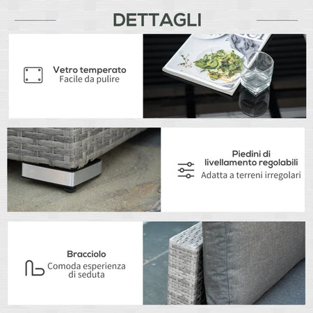 Set Salotto da Esterni 4 Pezzi con 3 Divani e 1 Tavolino da Caffè, in Rattan PE, Cuscini Inclusi 860-221