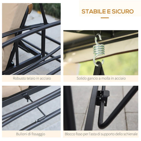 Dondolo da Giardino 3 Posti Lettino e Gazebo Design 3 in 1 con Tettuccio, 256x172x248cm, Beige 84A-056