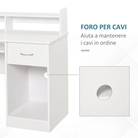 Scrivania per Computer Compatta, Scrivania PC Fisso in Legno Bianco con Ripiano Tastiera Estraibile e Mensole 104x48x95.5cm XN5836-262WTXN5