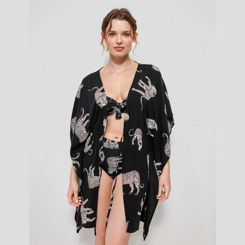 Caftano Gisela stampa giaguaro in viscosa, con coulisse regolabile, look mare elegante e leggero