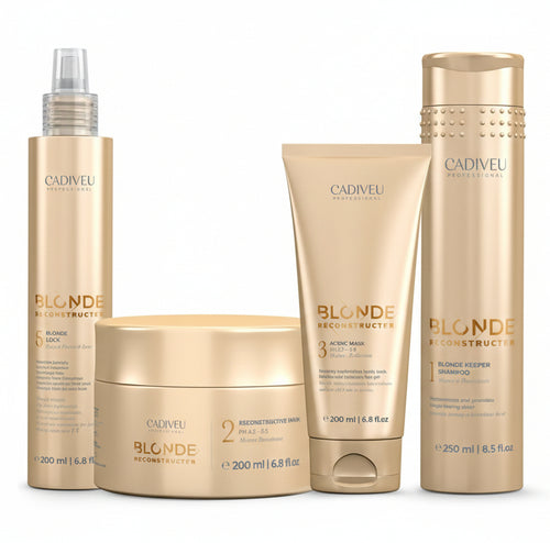 Cadiveu blonde reconstructor home care kit composto da: shampoo, maschera ricostruttiva, maschera acida e blonde lock