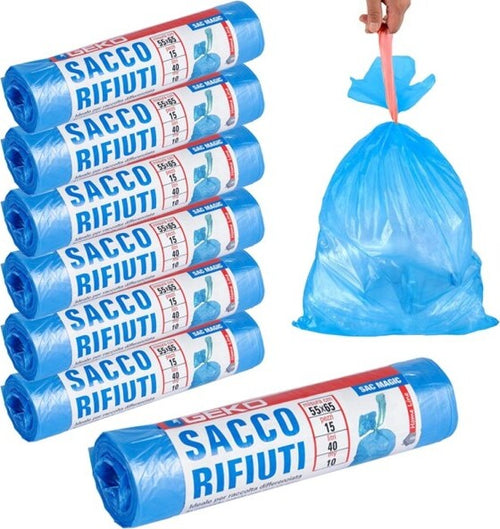 7x-Rotoli-Sacchetti-Buste-Spazzatura-40lt-55x65-Chiusura-Laccetto-Azzurro-105pz