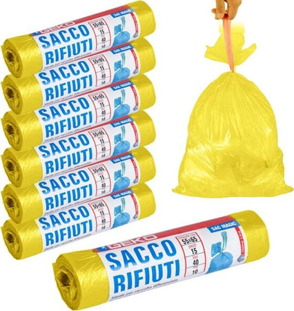 7x-Rotoli-Sacchetti-Buste-Spazzatura-40lt-55x65cm-Chiusura-Laccetto-Giallo-105pz