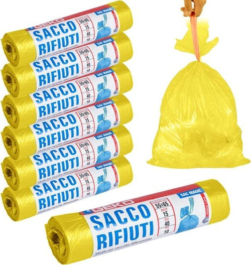 7x-Rotoli-Sacchetti-Buste-Spazzatura-40lt-55x65cm-Chiusura-Laccetto-Giallo-105pz