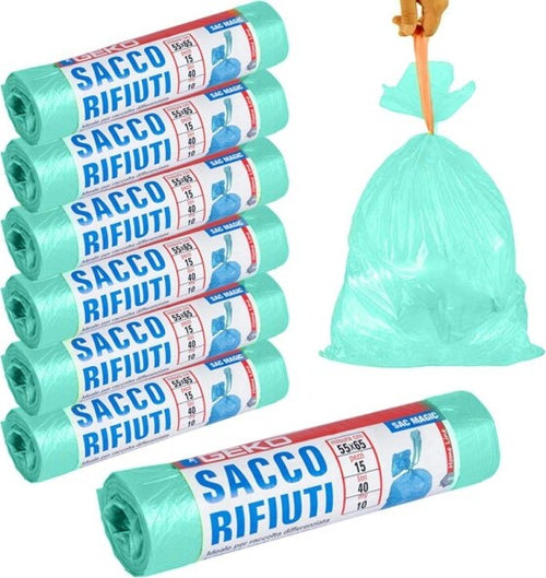 7x-Rotoli-Sacchetti-Buste-Spazzatura-40lt-55x65cm-Chiusura-Laccetto-Verde-105pz