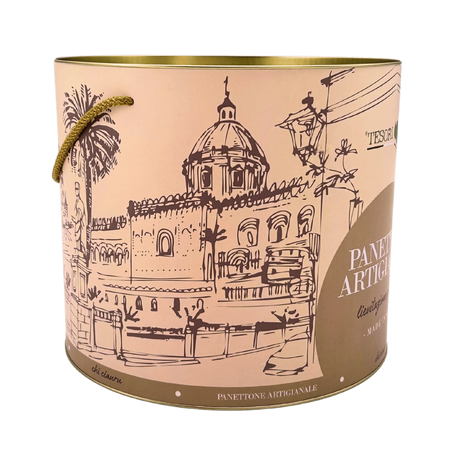 Tesori di sicilia panettone artigianale al cioccolato 1kg, latta siciliana "ù ciauru di palermo" panettone a lievitazione naturale, con mazzo di carte siciliano omaggio