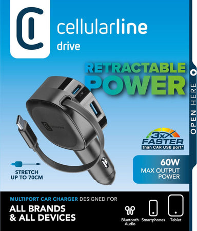 Cellularline Caricatore Auto 60W con Cavo Retrattile Nero