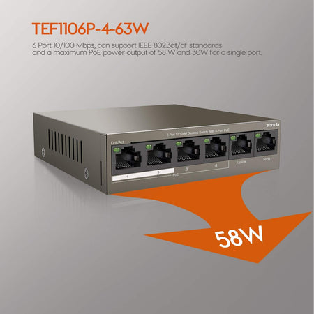 Switch Desktop 6 porte 10/100M con 4 Porte PoE 63W, TEF1106P-4-63W