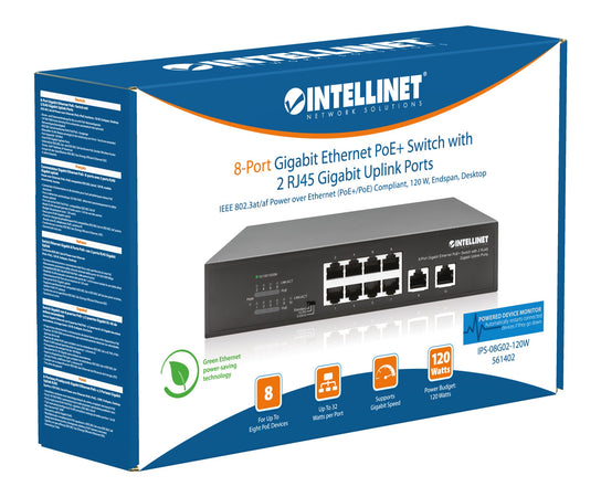 Switch Ethernet Gigabit 8 Porte PoE+ con 2 porte RJ45 Gigabit Uplink