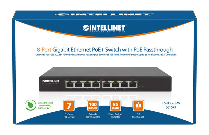 Switch PoE+ Gigabit Ethernet a 8 porte con passthrough PoE