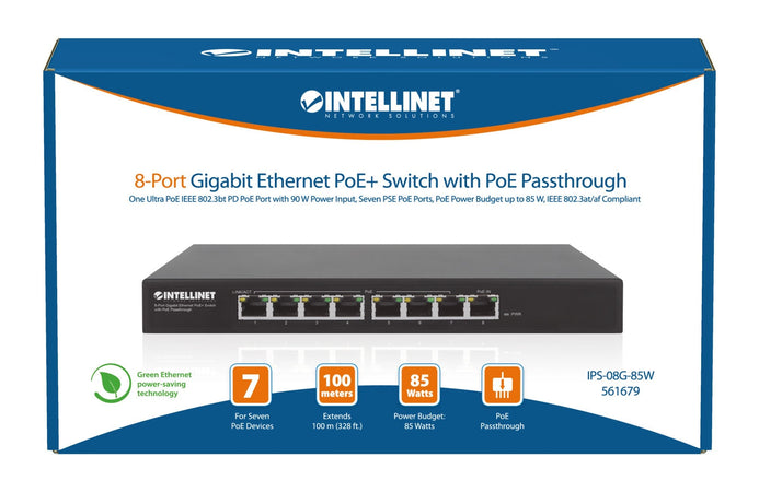 Switch PoE+ Gigabit Ethernet a 8 porte con passthrough PoE