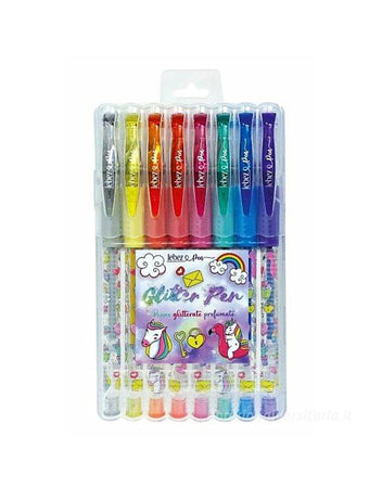 Set 8 penne glitterate Lebez unicorni vari colori