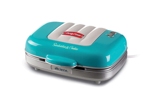 Ariete 1972 sandwiches & cookies party time, piastra elettrica multifunzione, 700 watt, 3 piastre antiaderenti e intercambiabili, azzurro