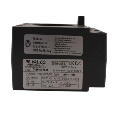 Trasformatore amperometrico 1600/5A CL.0,5 40VA attacco foro 52 rotondo Revalco