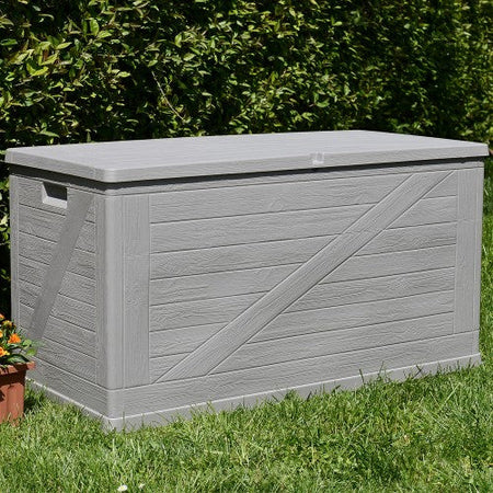Baule in resina cassapanca multiuso da esterno con ruote lt 420 effetto Legno 120 cm