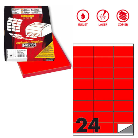 Etichetta Adesiva C/500 Rosso Fluo 100Fg A4 70X36Mm (24Et/Fg Markin