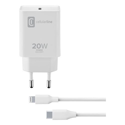 Cellularline usb-c charger kit 20w - usb-c to lightning - iphone 8 or later caricabatterie da rete usb-c 20w per la carica alla massima velocità di iphone 8 e successivi con cavo usb-c to lightning - ACHIPHKITC2LMFI20W