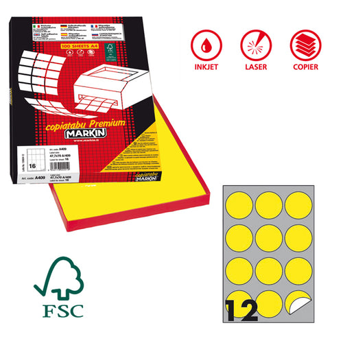 Etichetta Adesiva R/310 Giallo Fluo 100Fg A4 Tonda D60Mm (12Et/Fg Markin
