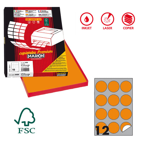 Etichetta Adesiva R/310 Arancio Fluo 100Fg A4 Tonda D60Mm (12Et/Fg Markin
