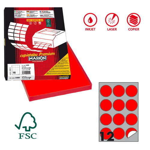Etichetta Adesiva R/310 Rosso Fluo 100Fg A4 Tonda D60Mm (12Et/Fg Markin